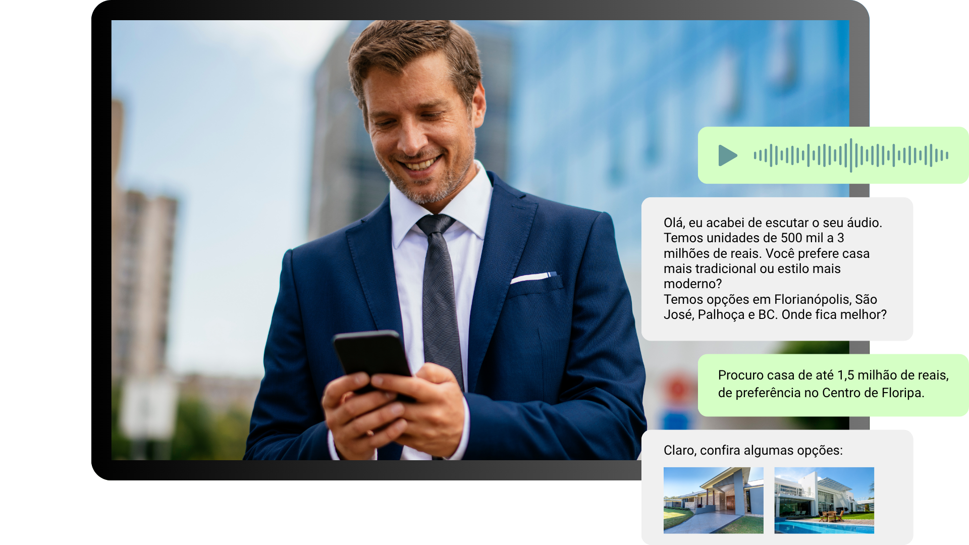 Demonstração de conversa com IA - Domínia Sales atendendo cliente sobre imóveis